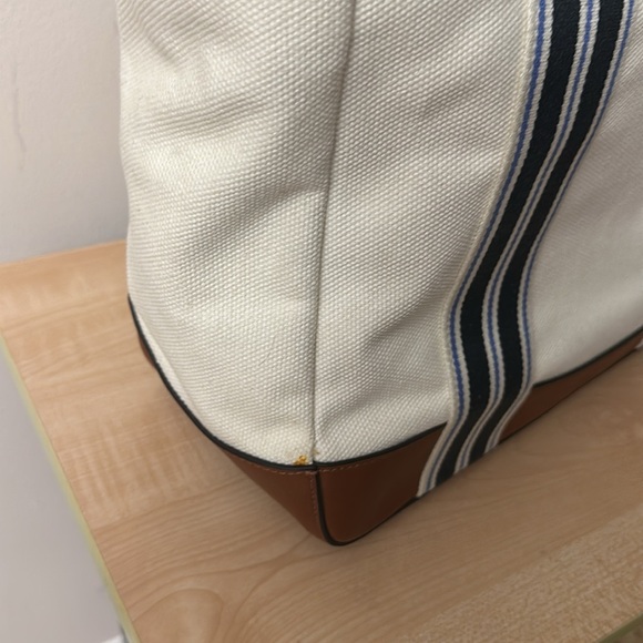 Lauren Lora Canvas Leather Off White Nautical Striped Snap Close Tote